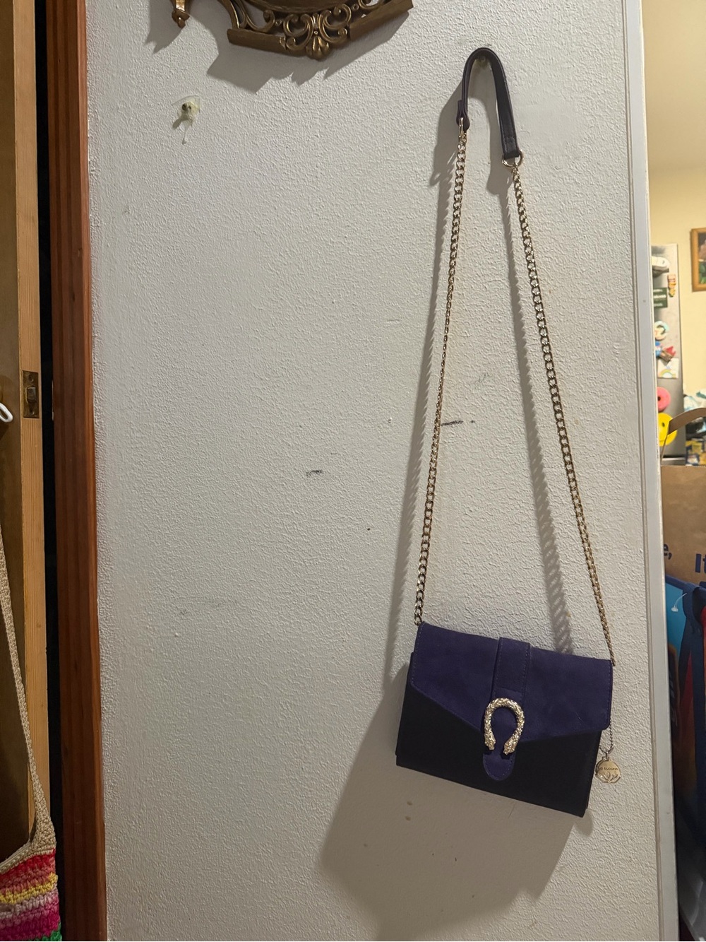 Purple Suede Chain Crossbody Bag with Horsebit Accent